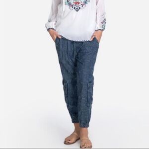 Johnny Was Blue Embroidered Chambray Pace Cargo Jogger Pant